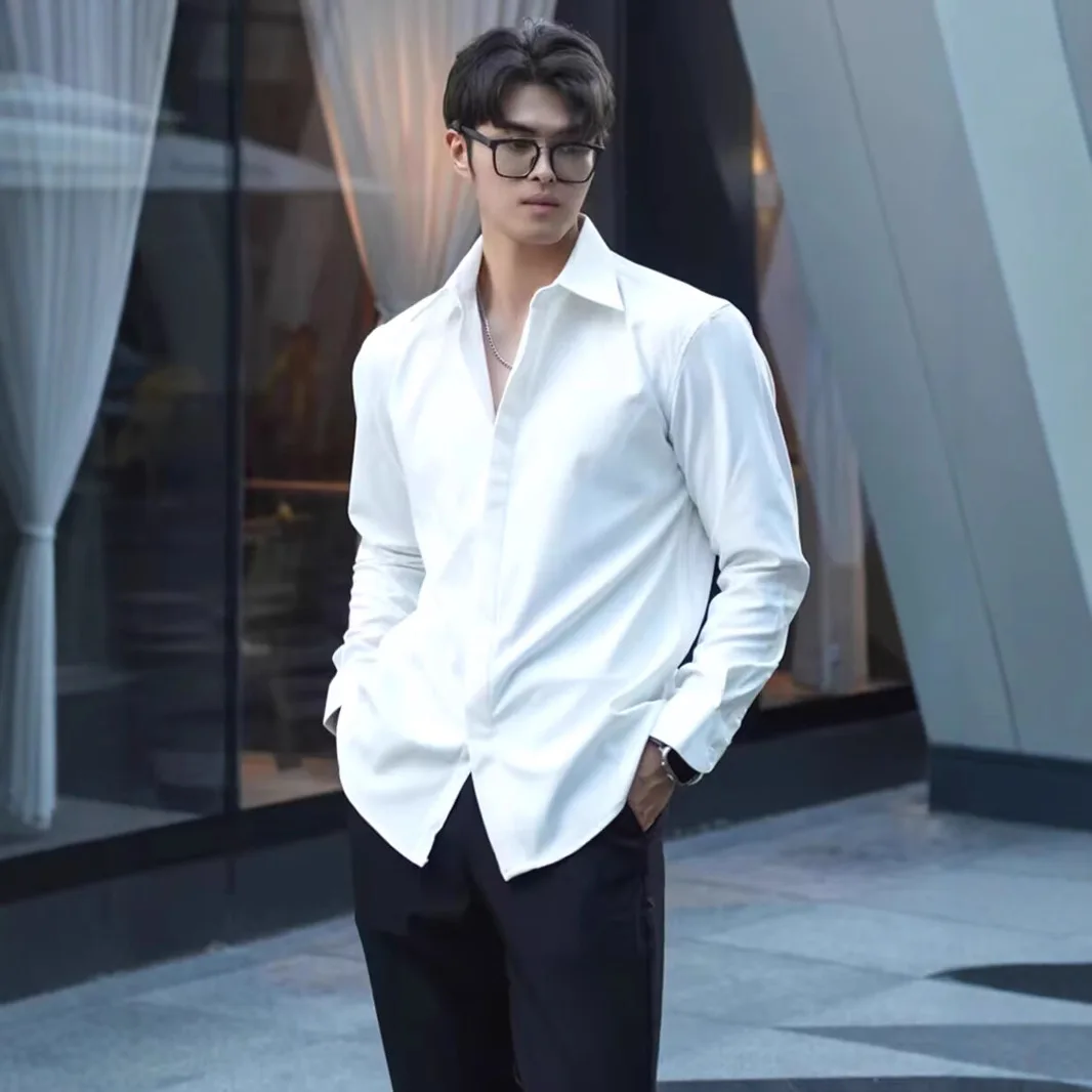 French Snap Button White Loose Long Sleeve Shirt Men's Casual Base Layer Top