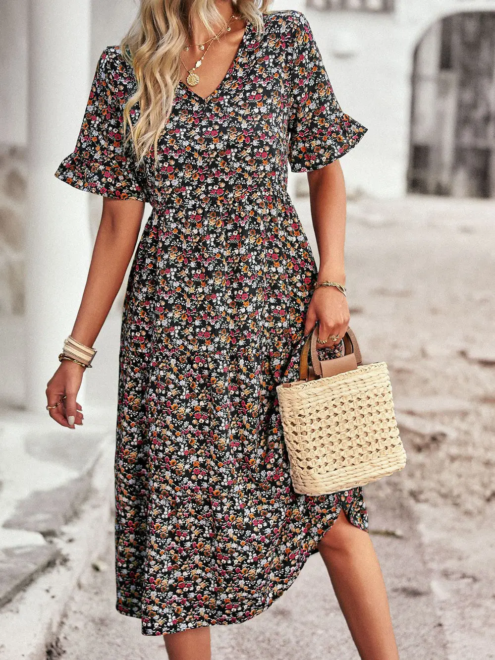 Zomer Dames V-hals Elegant Gedrukt Korte Mouw Hoge Taille A-lijn Bloemen Vakantiejurk