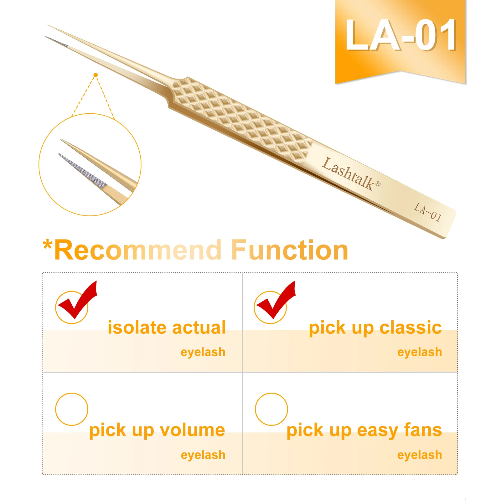 Lashtalk Precisie Fiber Tip Pincet Wimperextensies Diamond Grip Antislip Premium Goud Roestvrij Staal Make-up Met Box Pack