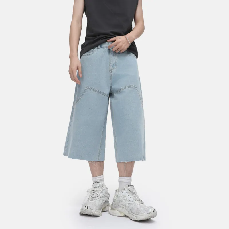 

SYUHGFA, простые летние мужские джинсы 2024, широкие брюки с необработанными краями, новые однотонные свободные мужские джинсовые шорты с прямыми штанинами