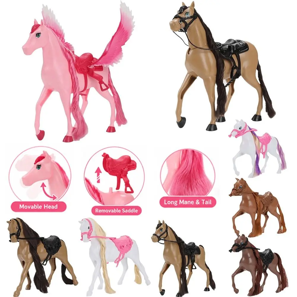 New PVC Horse Figurine Movable Head Removable Saddle Fantasy Horse Long Mane Horse Model For Playing House
