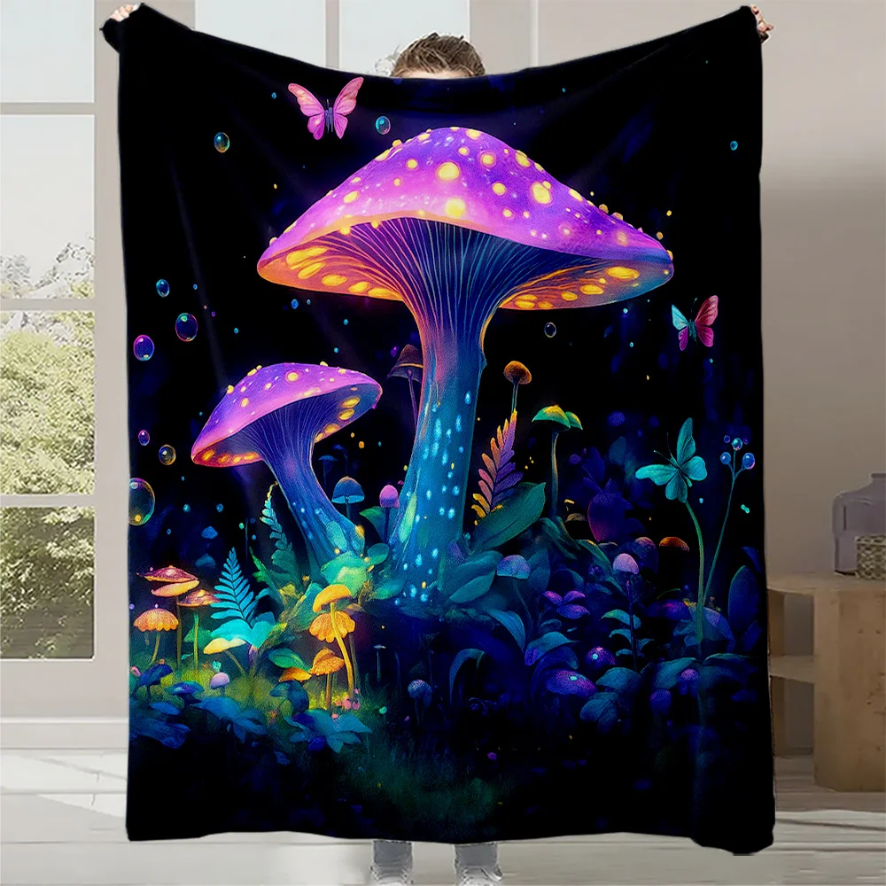 

1pc Glowing-in-the-Dark Luminous Mushroom & Forest Print Plush Fleece Blanket - Magical Night Bedspread for /s, Soft Quilted Bed