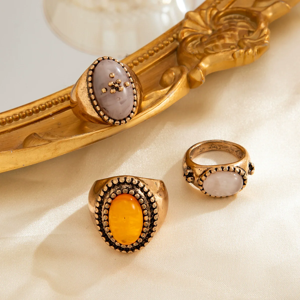 3PCS/SET Geometric Gold Metal Vintage Oval Resin Crystal Stone Rings Set for Women Girls Alloy Jewelry