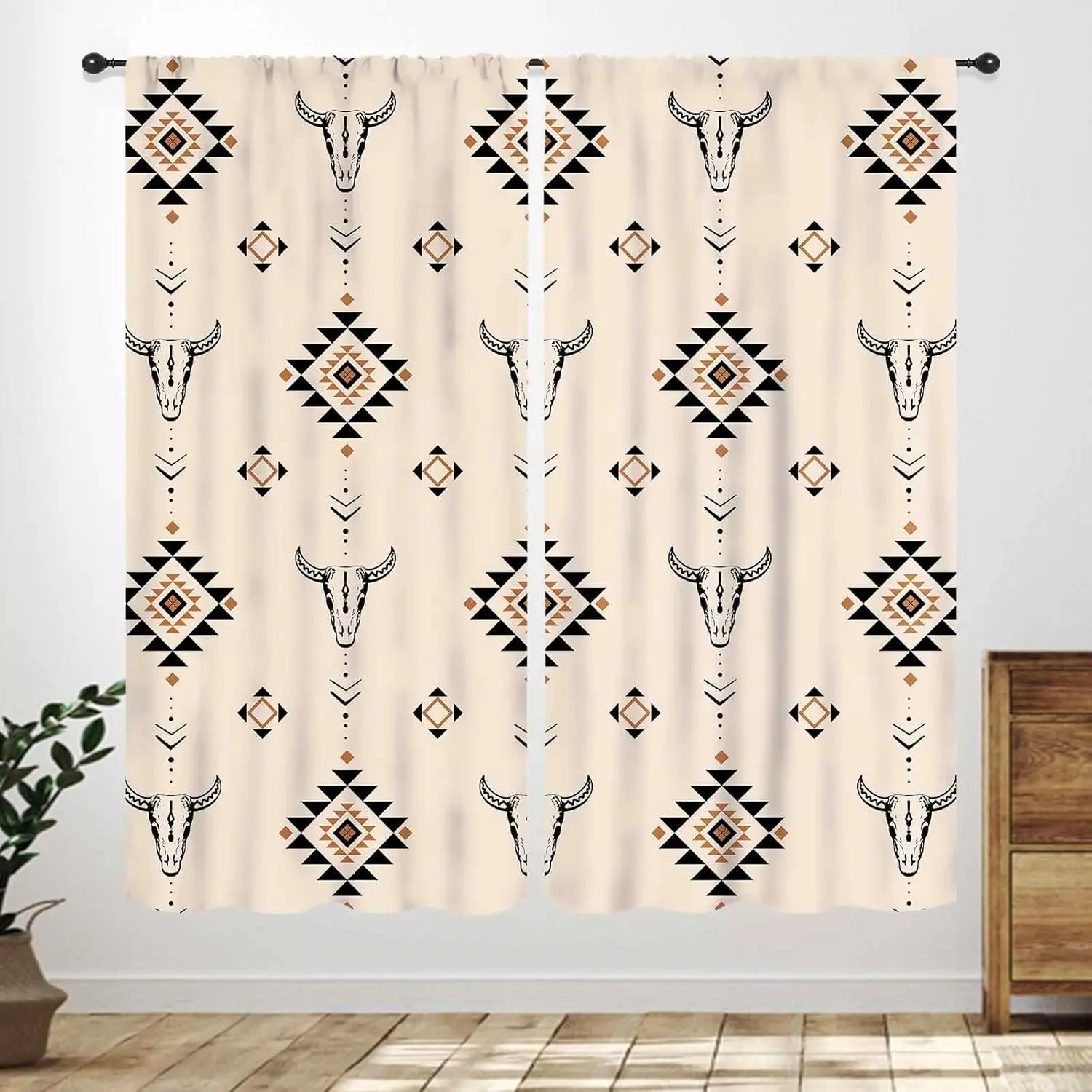 Western Cow Skull Curtains,Beige Southwestern Bohemian Geometric Pattern Native Aztec Longhorn Head Cowboy Farmhouse Country