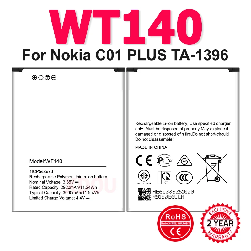 Batería de reemplazo WT140 de 3000mAh para Nokia C01 Plus TA-1396, recargable, con número de seguimiento