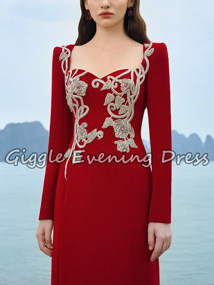 Giggle saoudien arabe à manches longues tache robe de soirée cristaux élégant robe formelle rouge fête de mariage robe de bal de mariage personnalisé