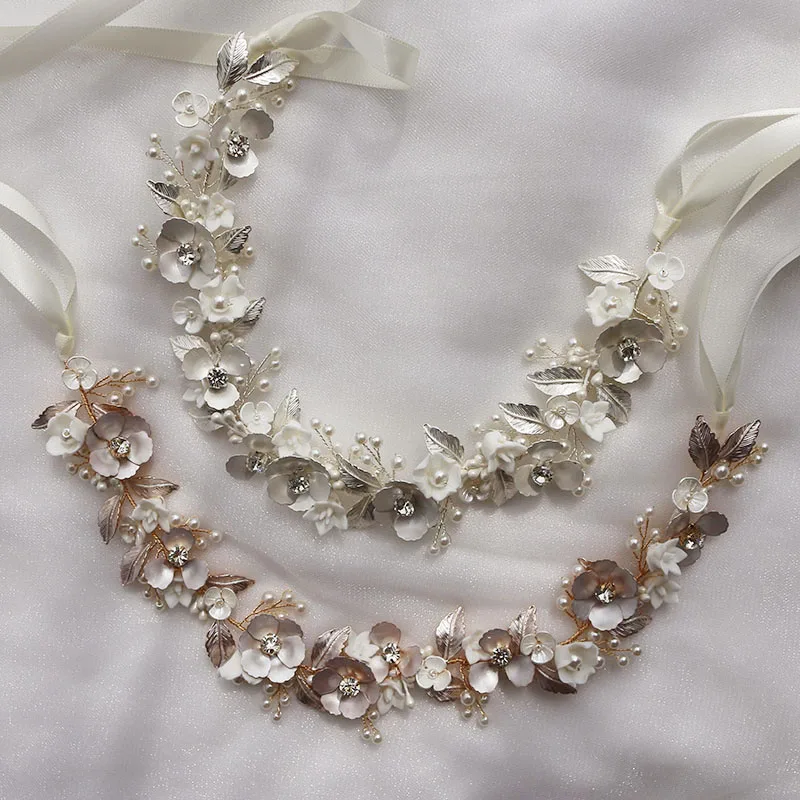 女性のための金の葉のヘッドバンド,イヤリング,手作りのセラミック花