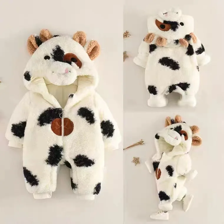 

Baby Winter New Super Cute Cow Thickened Out One-piece Romper Cute Newborn Warm Lamb Wool Hugging Clothes