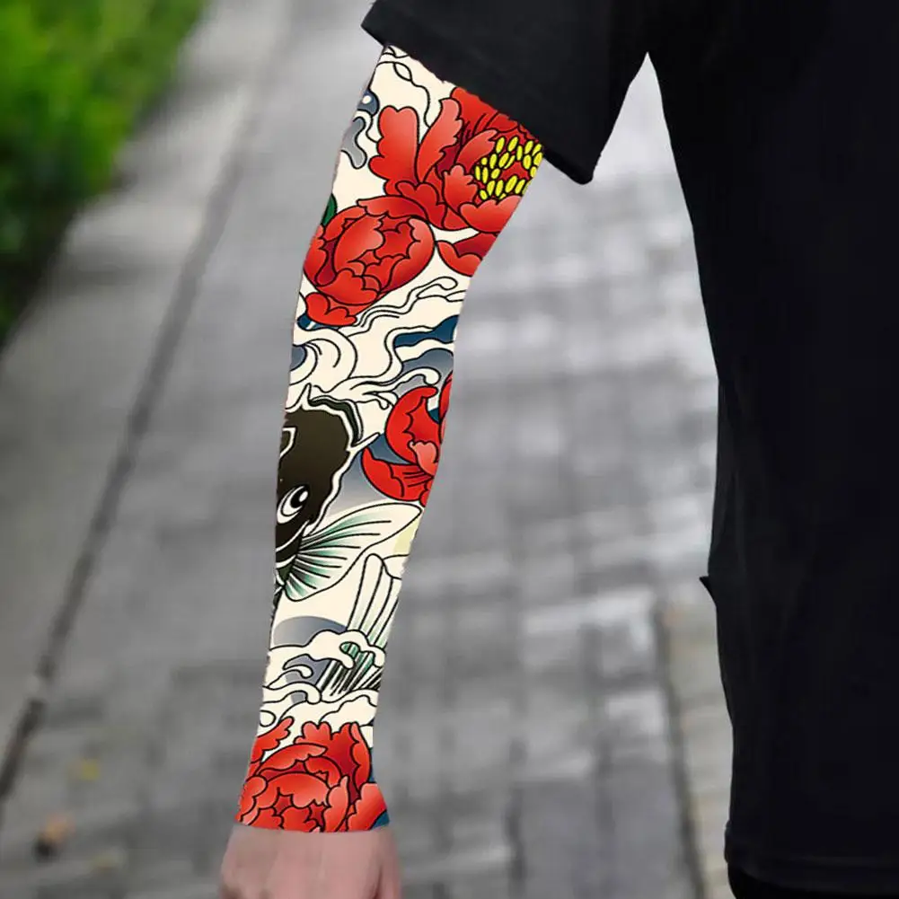 Flower Arm Pattern Flower Arm Tattoo Sleeve Elastic Breathable Ice Silk Arm Sleeve Sunscreen Thin Men Sunscreen Sleeve