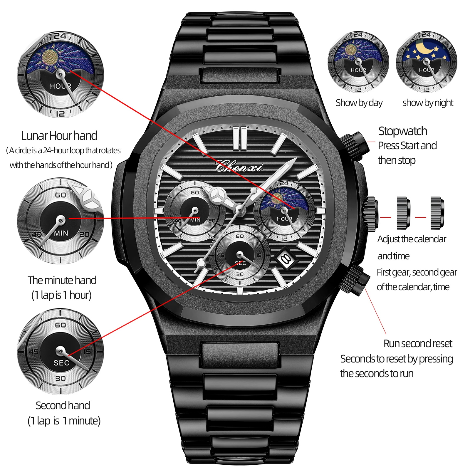 CHENXI 922 New Business Moon Phase Watch For Men Date Quartz Wristwatches With Chronograph Stainless Steel Luminous Male Clcok