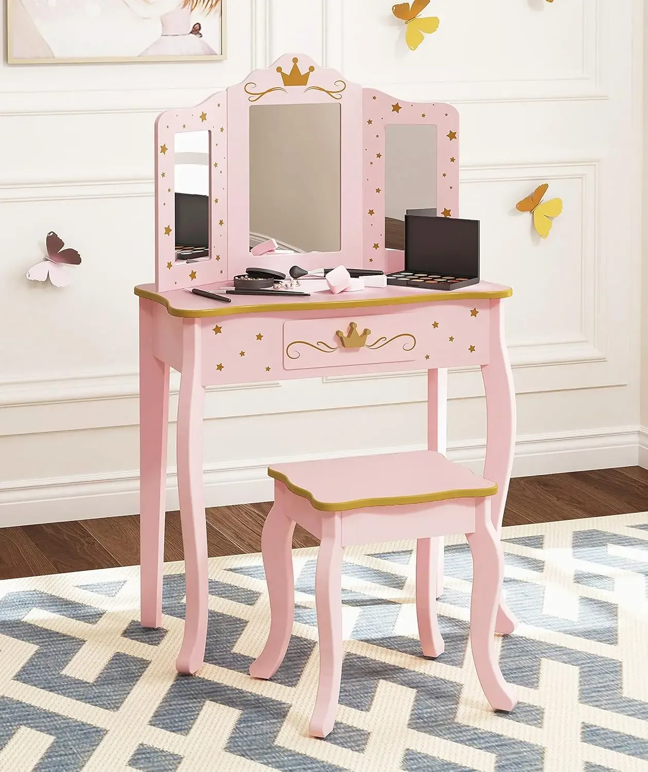 Pretend Play Kids Vanity Set with Mirror and Stool, Kids Make Up Vanity Desk with Mirrror for Little Girls, Children Makeup