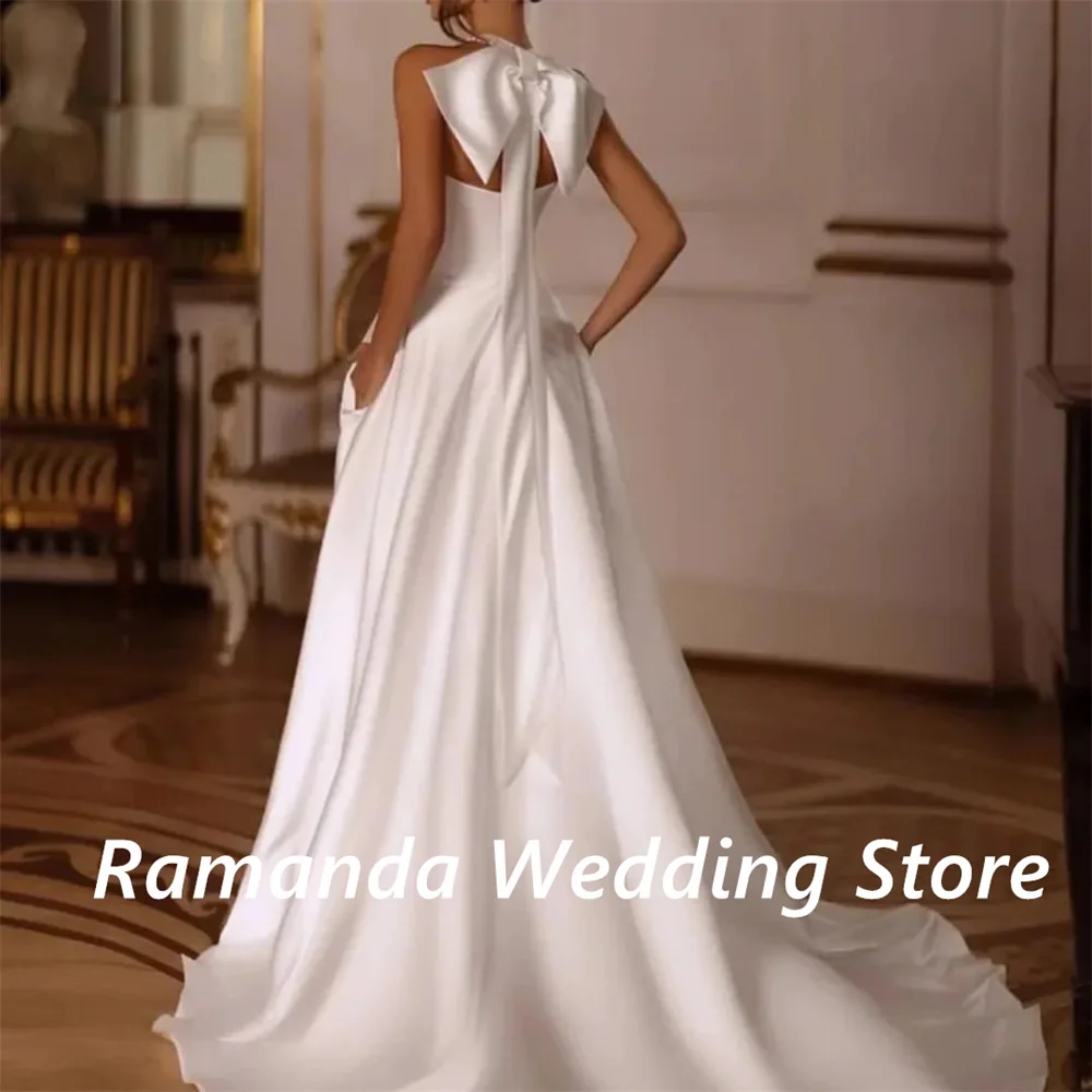 Ramanda High Collar Big Bow Wedding Gown Sleeveless Sweep Train Side High Slit Bridal Dresses Backless Elegant Robe De Mariée