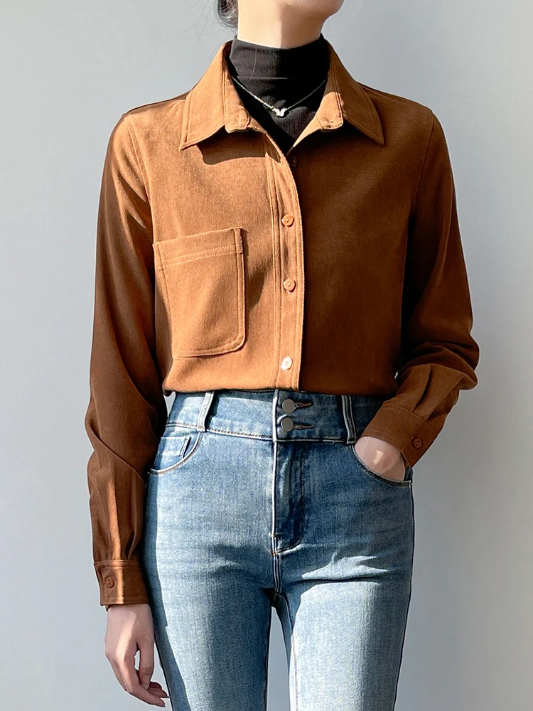 

Korean Sle Long Sve Velvet irt Women's Faion Layering Brued Inner Wear Commute Top Button up Polyester Fiber