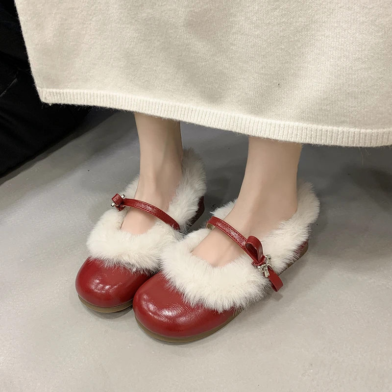 Fashionable Shallow Ballet Mary Jane Cotton Shoes 2026 Autumn/Winter Warm Flat with One-Button Strap,Round Toe,and Bow Fur Shoes