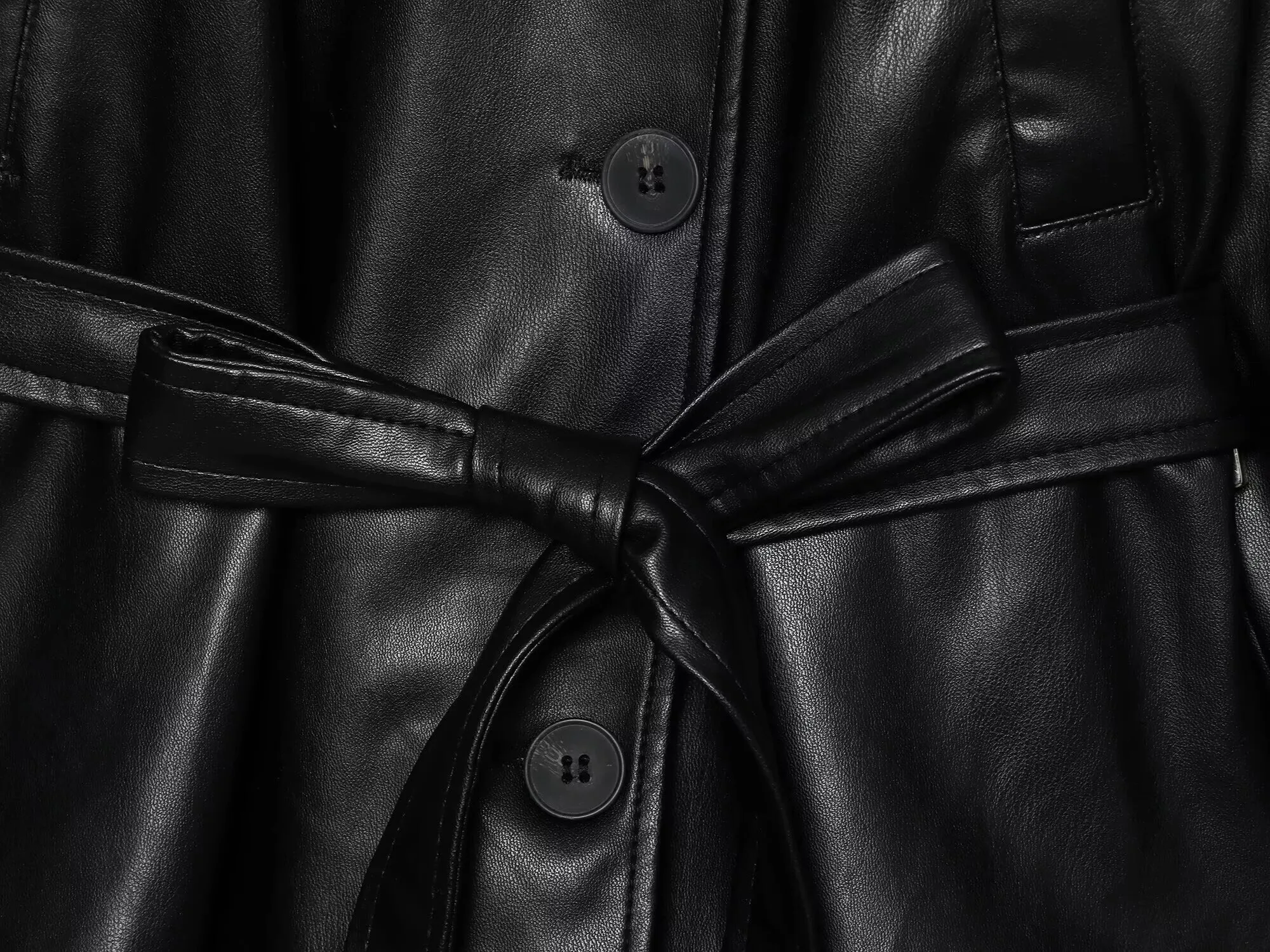 ETJ 2025 autumn new women's fashion belt imitation leather long sleeve short trench coat casual leather coat