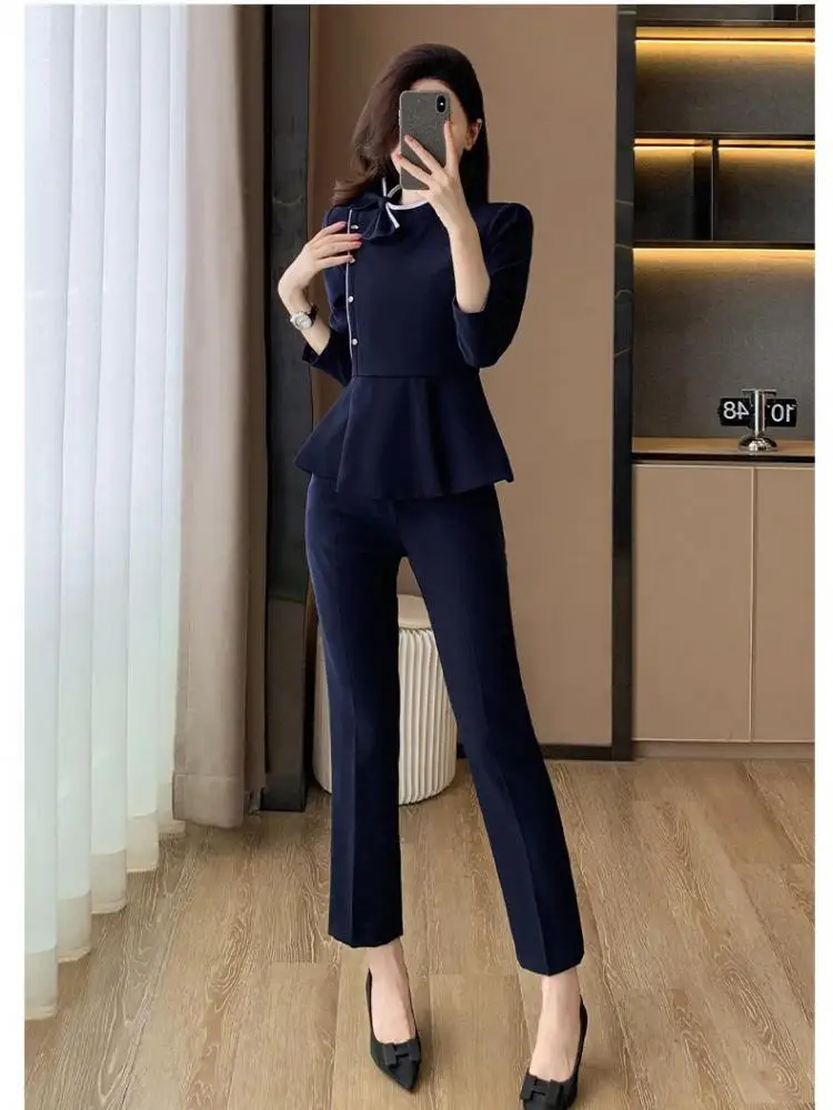 

Women Two Piece Sets Fashion Solid Elegant Office Ladies Ruffles Bow Blazer And High Waist Ankle-length Pant Autumn Winter Suits