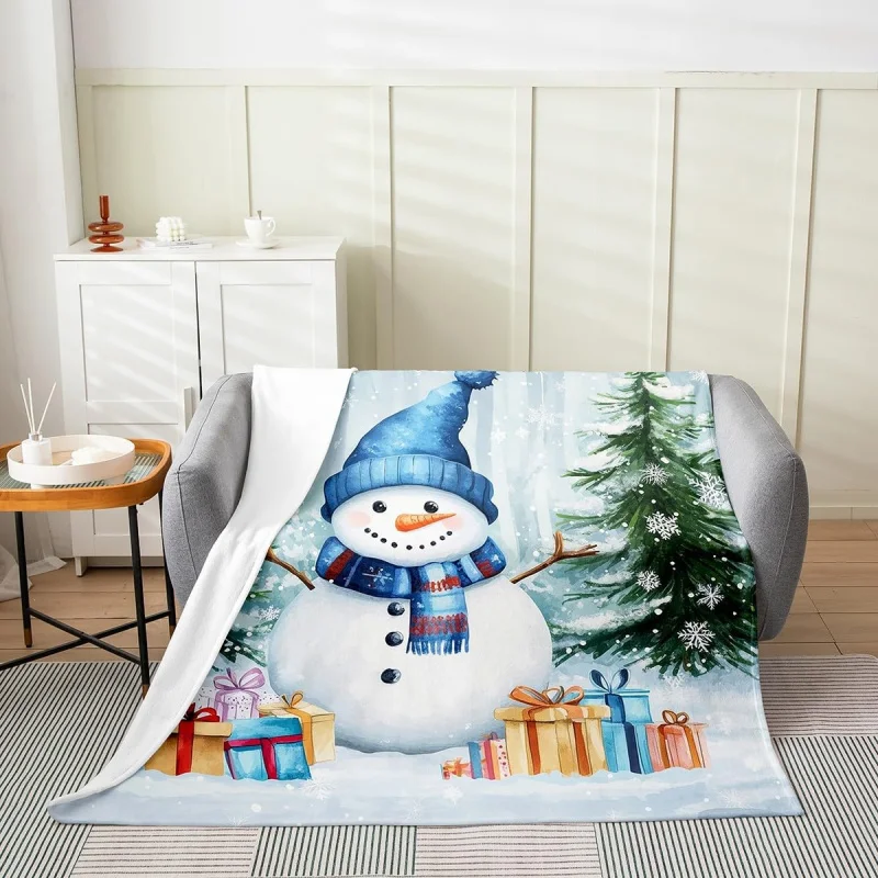 

Cute snowman flannel blanket 80INX60IN Christmas sofa bed cover blanket New Year blue throw blanket