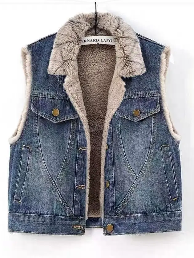 

Утепленный джинсовый жилет Thiened Fce для женщин, осенне-зимняя новинка, универсальный, с подплечниками, верхняя одежда, жилет-куртка