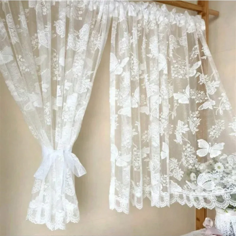New European Style White Modern Lace Cabinet Decoration Half Curtain Coffee Curtain Kitchen Bedroom Blocking White Gauze