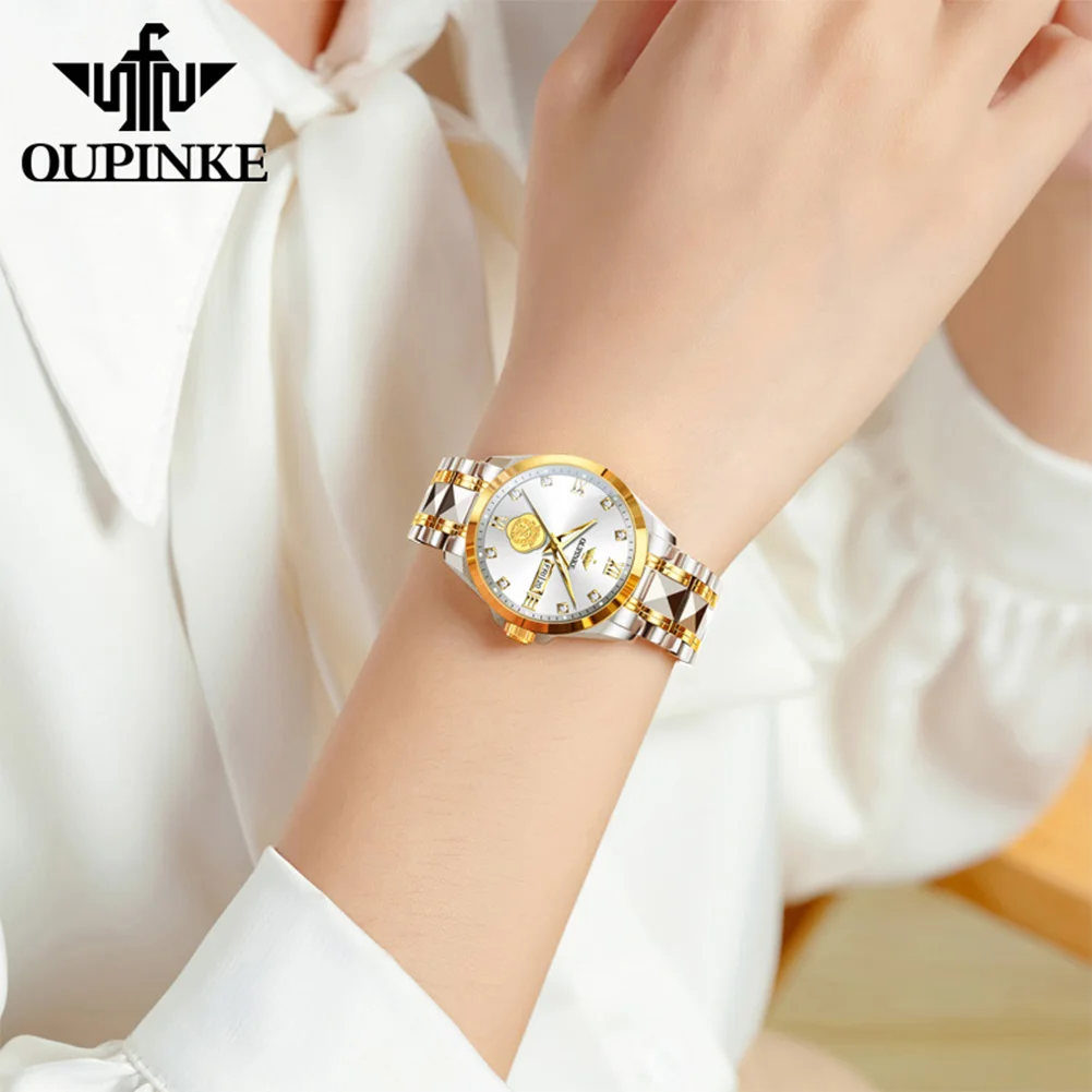 

OUPINKE 3305 Automatic Watch Woman Real Diamond Mechanical Watch For Women Tungsten Steel Strap Waterproof Luxury Wristwatch