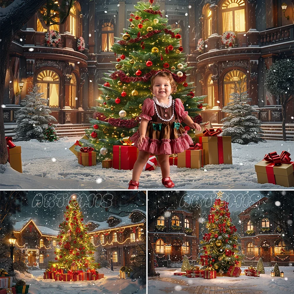 

Christmas Backdrop Christmas Tree Decorated Red Gold Ornaments Street Square Gift Snowflakes Background Photo Studio Photocall