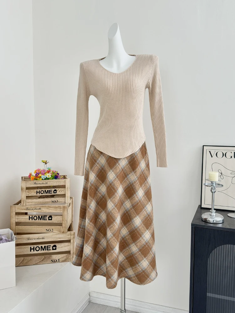 Vestido francés elegante de punto con capa para mujer, falda acampanada de cintura alta, traje de moda coreana, conjunto Retro de 2 piezas, otoño e invierno