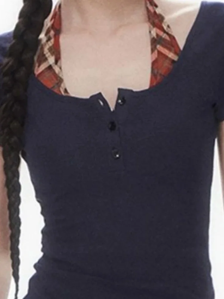 Falso duas peças retalhos halter colheita topos y2k estética único breasted vintage t 2025 verão grunge bottoming camiseta feminina