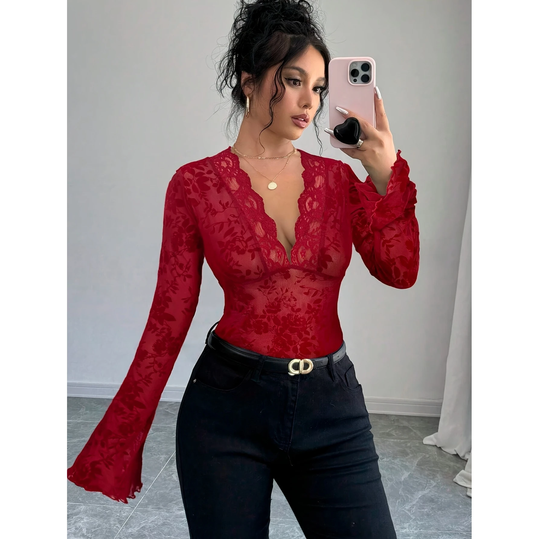 Ele Sle Damen V-Ne Lace Panel Me Sve T-Shirt Top Faionable Bell Sve Long Sve Geometrisch gemustert