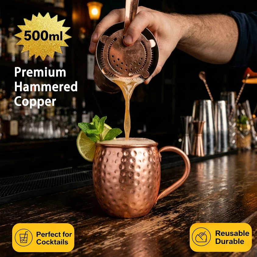 Tazas de Cobre Puro 100% de 500 ml, Tazas de Cobre Puro para Moscow Mule, Tazas de Cóctel de 17 oz, Tazas para Cerveza, Leche y Bebidas