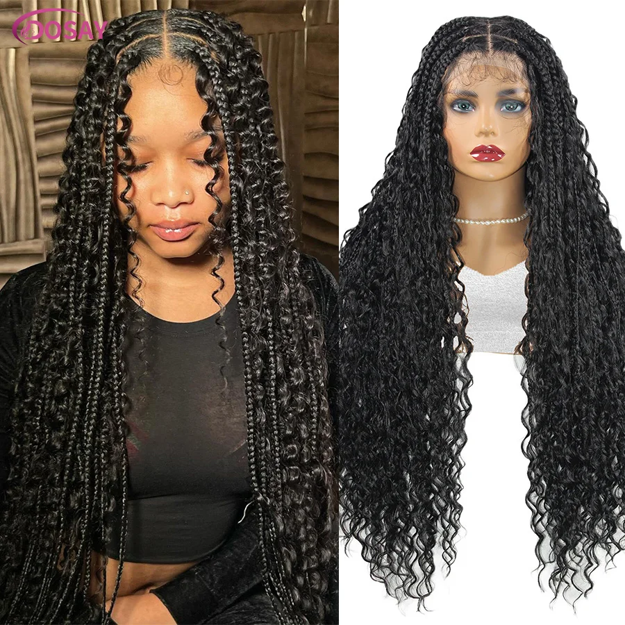 Perruques tressées sans nœuds pour femmes, pleine dentelle tressée bouclée bohème, tresses de déesse cornrows, perruques synthétiques Boho avec boucles, 32 amaran