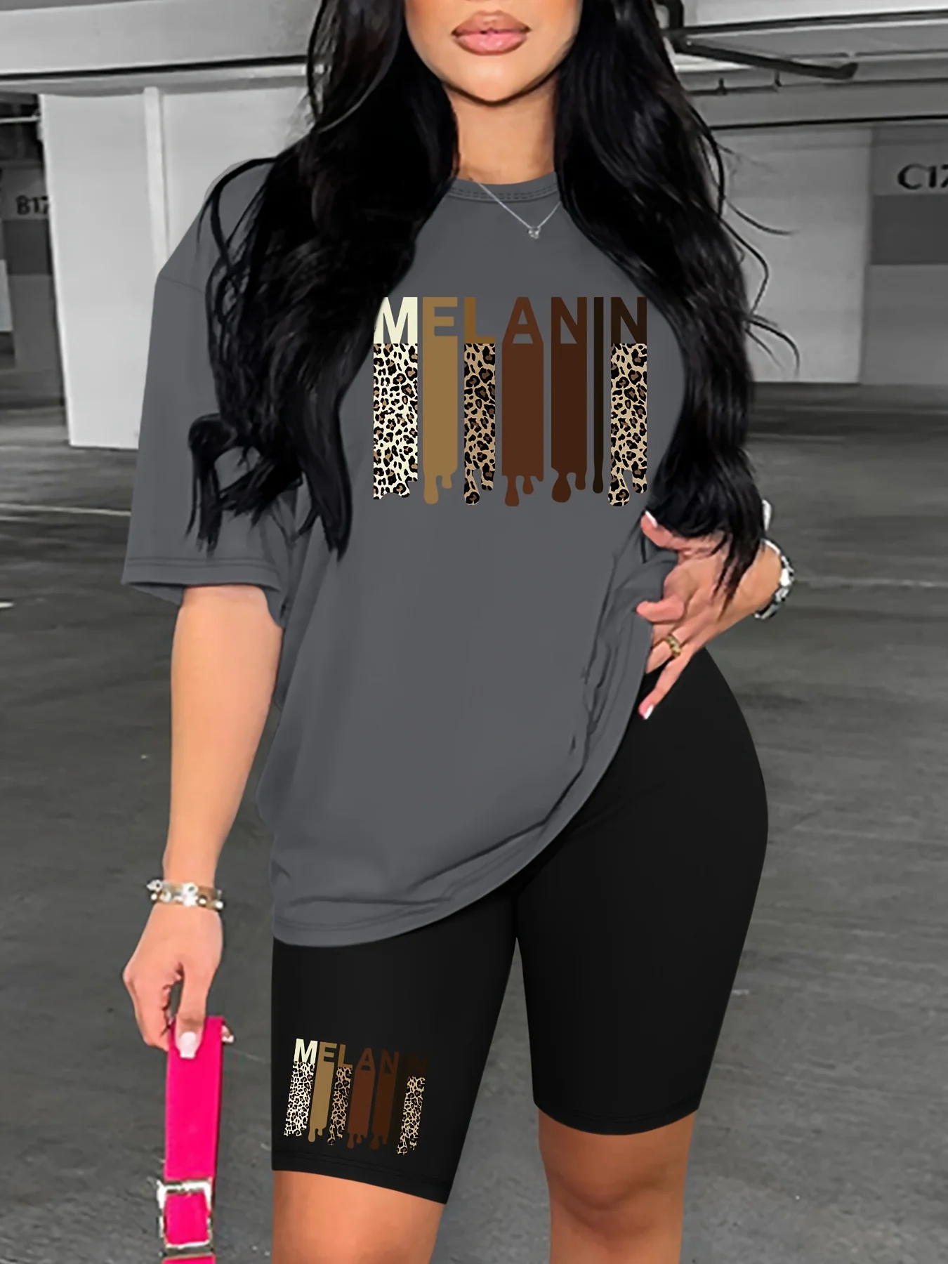 Women's Summer Casual Loose Fit Large Size MELANAN Print Round Neck Short Sleeved T-Shirt+Shorts Two-Piece Set