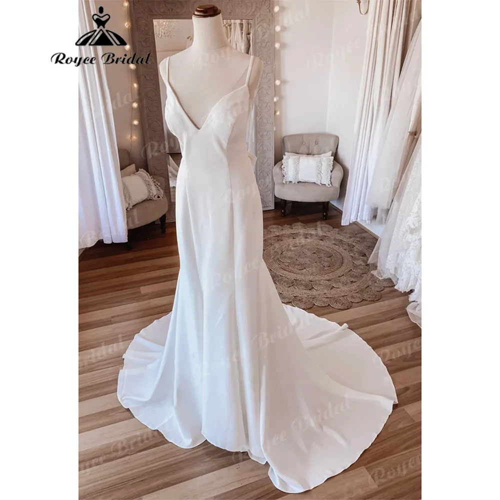 Simple Mermaid Boho Soft Satin Backless Wedding Dress with V Neck Spaghetti Straps 2023 Reception Dress for Bride Roycebridal