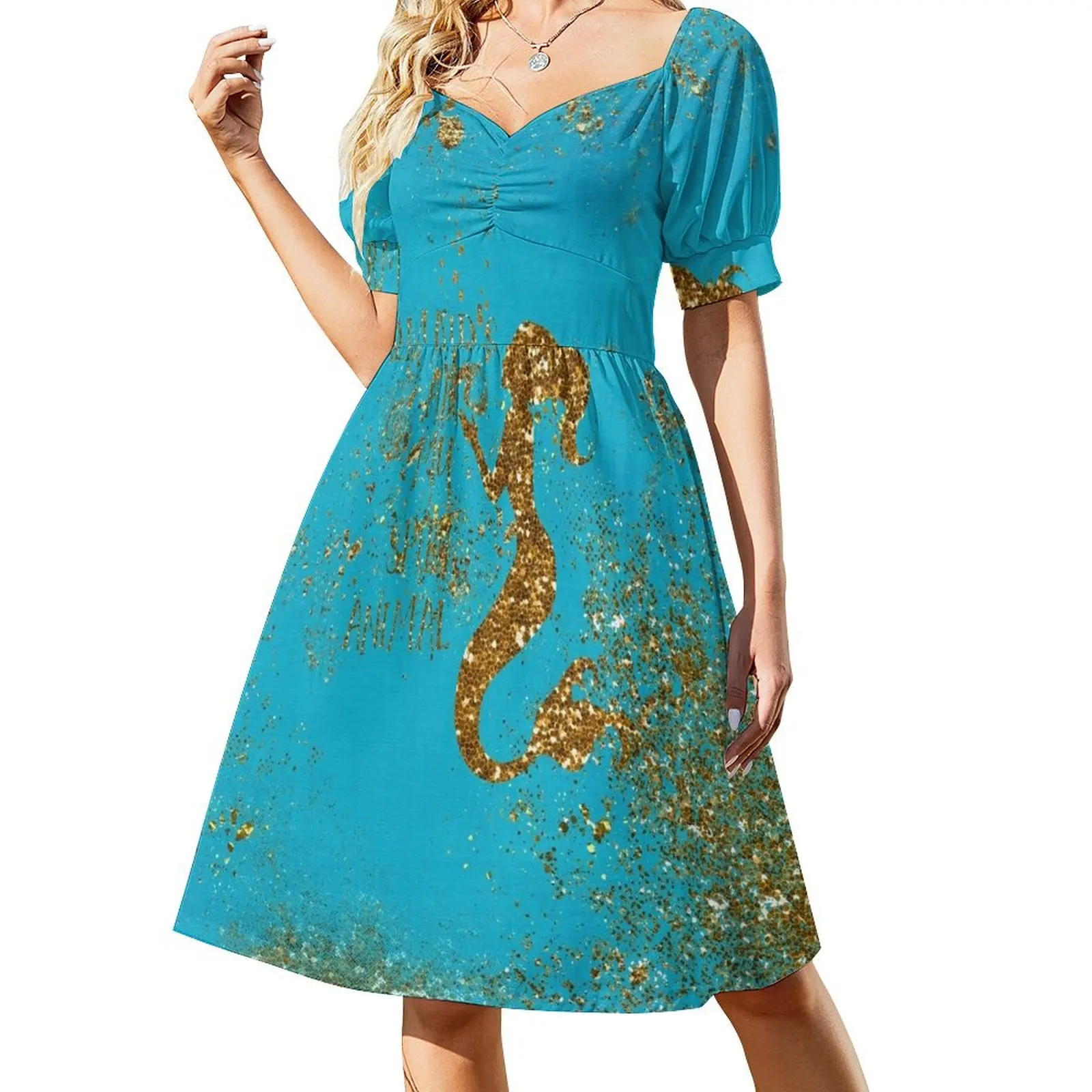 Mermaids are my spirit animal- Gold Glitter Typography on Teal Texture Short-Sleeved Dress wedding dresses for parties