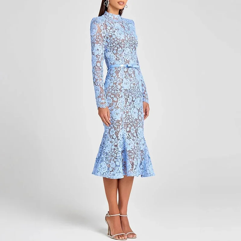 Elegante ricamo trasparente abito da donna all'uncinetto con cerniera cava a vita alta abiti da ballo tubino sexy abito a sirena in pizzo jacquard