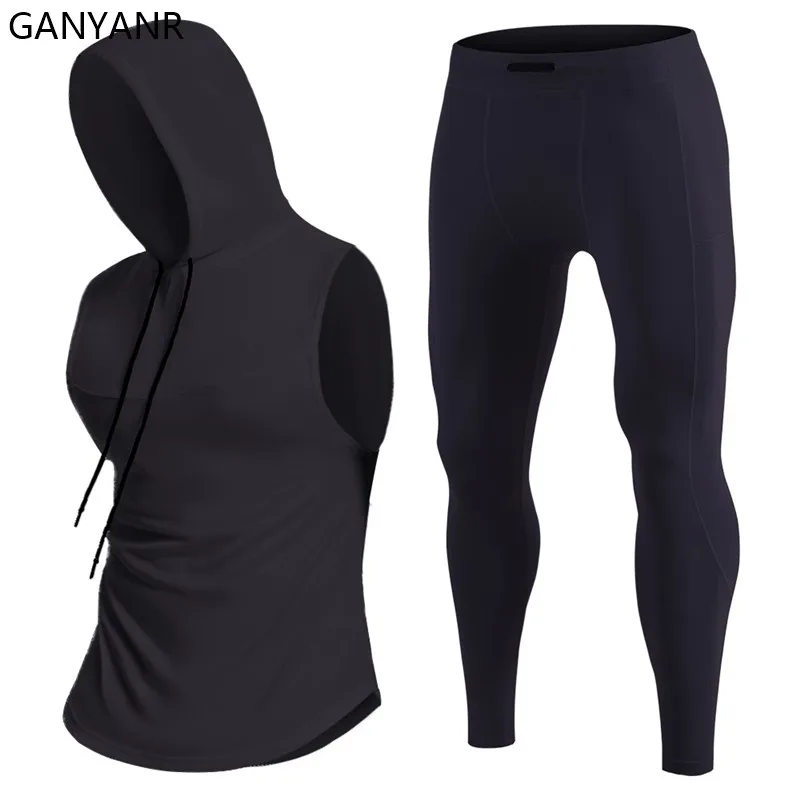 GANYANR Running Set Men Hoodies Tank Tops gym Sports suit Football pants Pullover basketball Soccer Sweatpants fitness Tracksuit