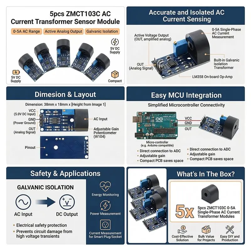 [NEW!A25P】 Current Transformer Sensor Module 0- 5 A Single Phase 5 V Supply Analog Output