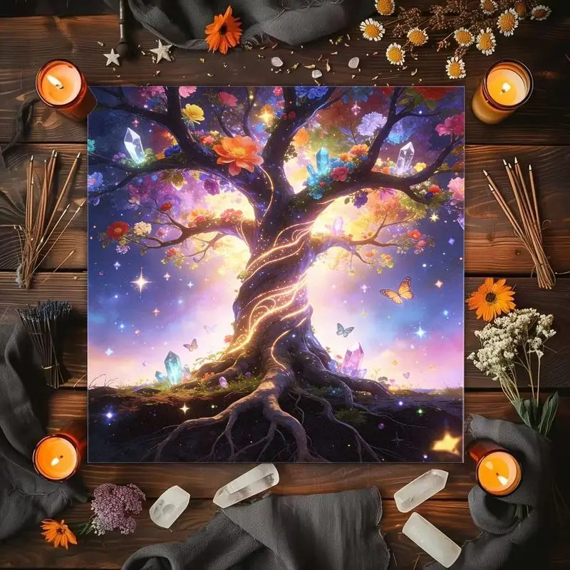 VIKAMA Color Window Black Cat Moon Tree of Life Butterfly Altar Cloth Tarot Card Tablecloth Wika Astrology Divination Card Pad