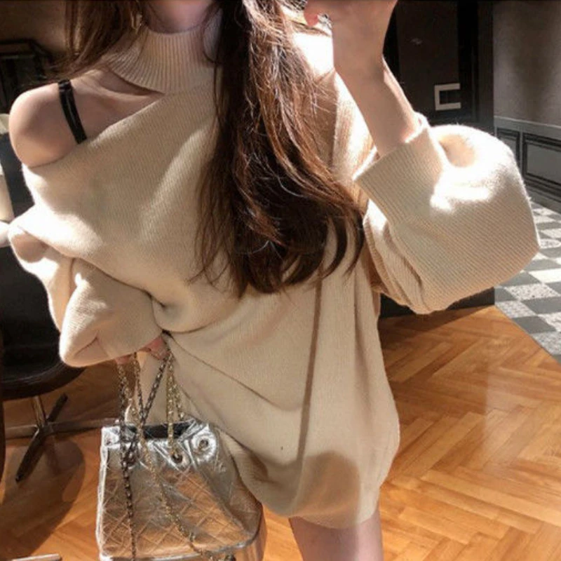 Irregular Sexy Pullovers Women Sweaters Off Shoulder Aesthetic Solid Autumn Lazy Style Harajuku All-match Baggy Streetwear Lady