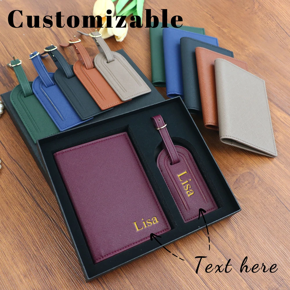 Customized Name Set, Unisex Safiano PU Leather Passport Holder and Luggage Tag Gift Box