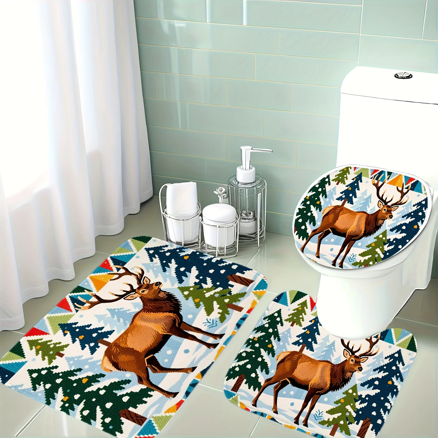 

Рождественский декор, набор из 3 предметов с оленями в сосновом лесу, яркими цветами и гармоничными узорами, наполненным зимним праздником