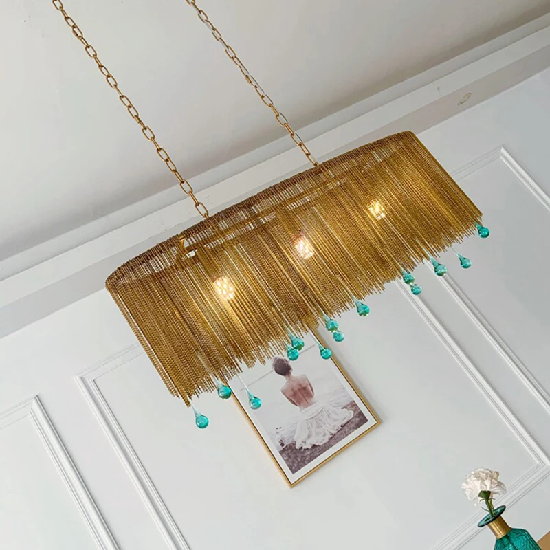French Retro Dining Room Chain Water Drop Long Dining Table Chandelier American Creative Bar Romantic Decoration Pendant Light
