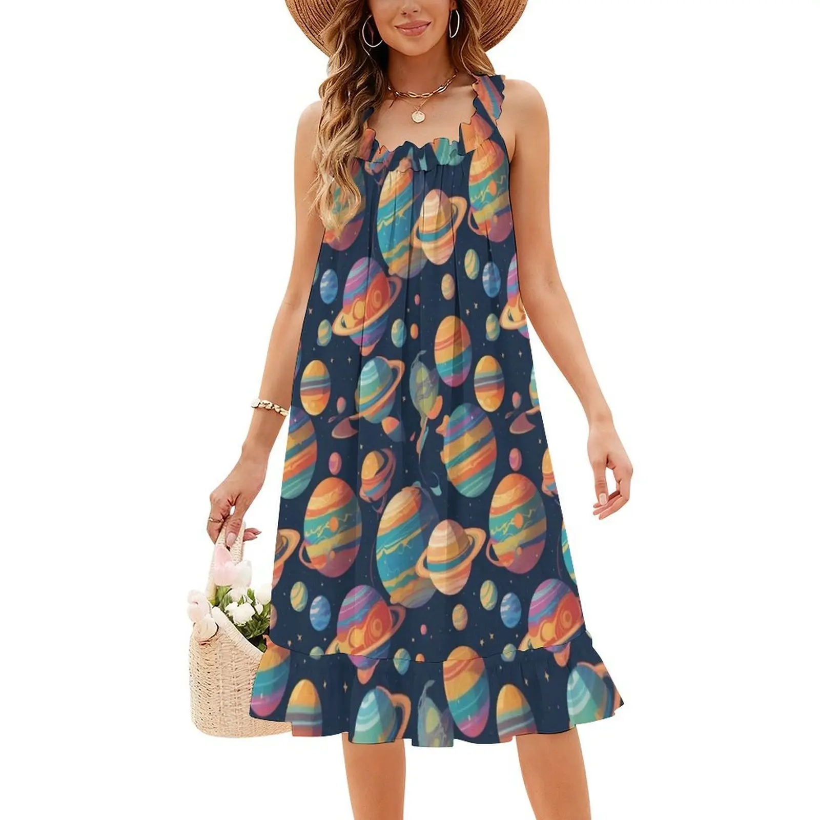 فستان حفلات أنيق للنساء من Planets فستان على شكل حرف a مع خيارات قصيرة/طويلة/بدون أكمام للنظام الشمسي والشمس والأرض والقمر أنثى #4