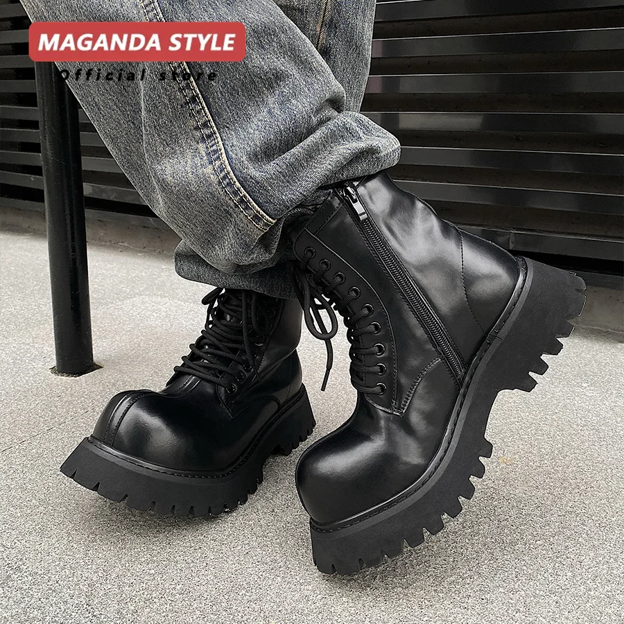 Bellissimi e ruotati ~ Stivali corti da 5 cm con altezza maggiorata per uomo Stivali da lavoro da moto con cerniera laterale in pelle scarpe alte in pelle