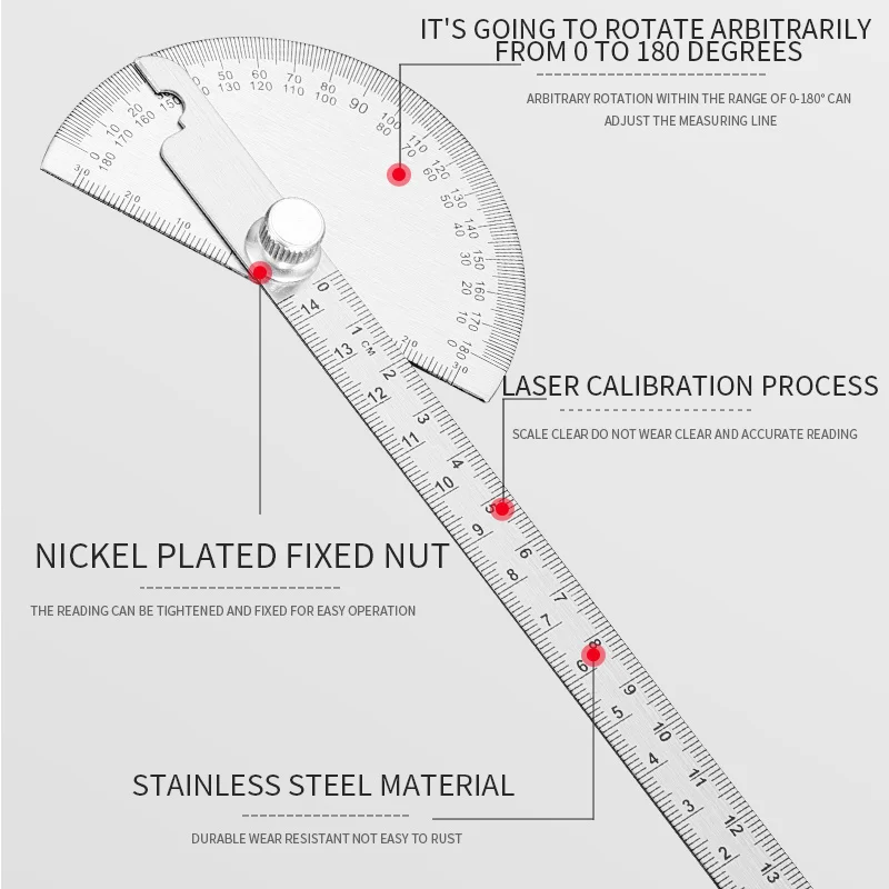 0-180 ° Round Head Protractor, Thickened Stainless Steel Angle Gauge for Measuring Large Woodworking Angle Gauges