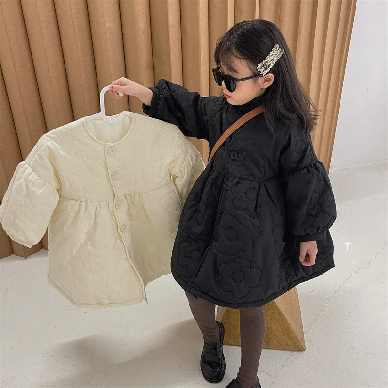 Girls\' Cotton Jacket Winter  Embroidered Bubble Sleeves Thickened Cotton Jacket Fashion Children\'s Solid Color Warm Dress Coat