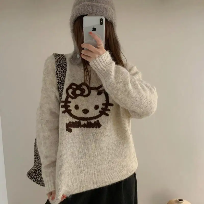 

Горячая осень-зима, новый женский модный повседневный свитер, модный жаккардовый свитер с круглым вырезом из мультфильма «Hello Kitty», свободный универсальный вязаный свитер
