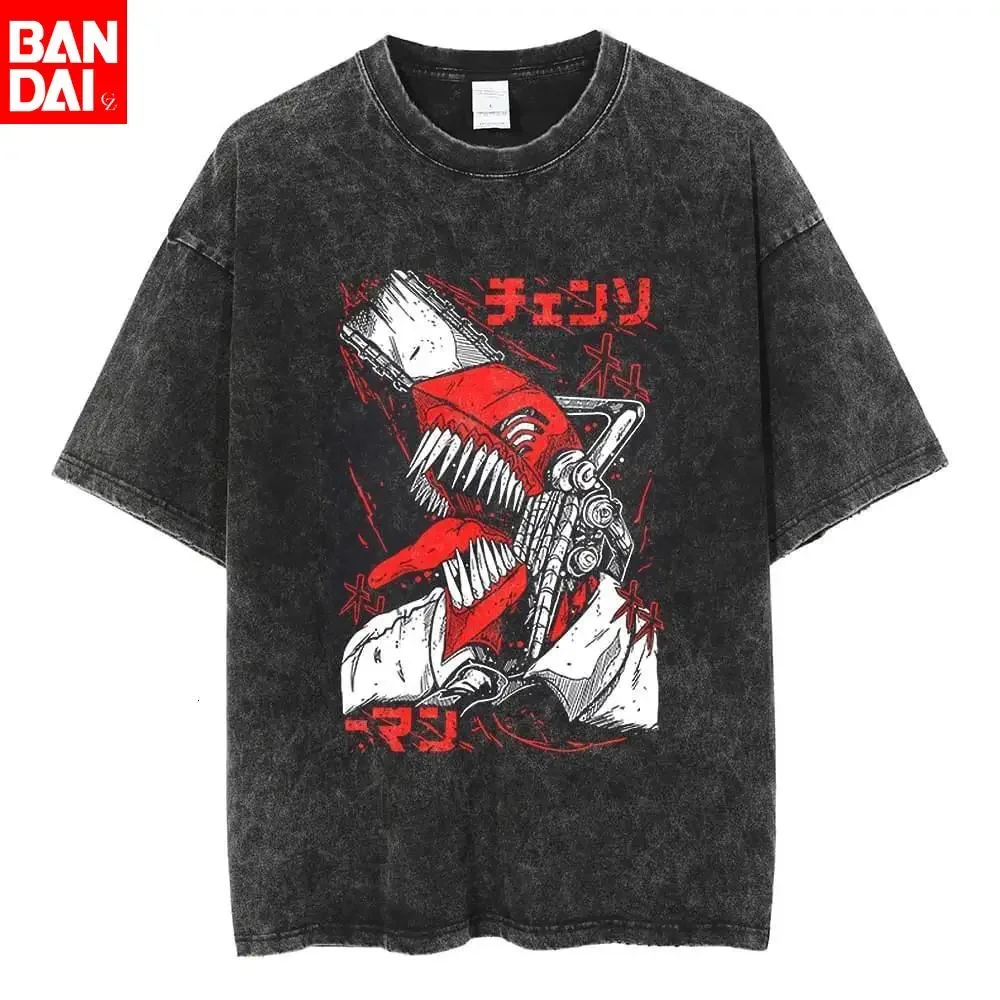 Chainsaw Man Anime Graphic TShirt 2026 Summer Vintage Washed Unisex Cotton Loose Fit Short Sleeve Red Teeth Demon Streetwear Tee