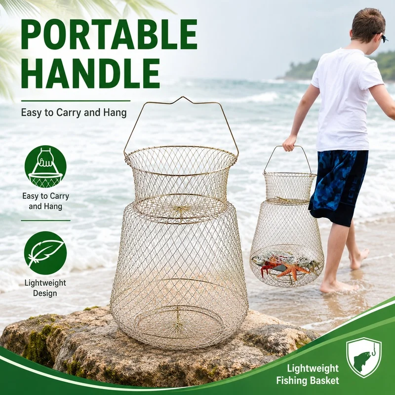 Foldable fish basket with rust-resistant metal mesh, perfect for safely keeping your bait fish. Folds down compactly for easy