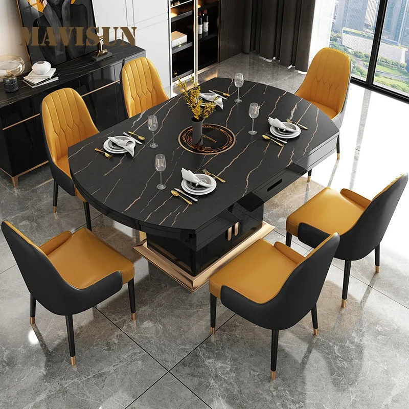 Black Modern Practical Rock Plate Long Dining Room Sets Living Room Chairs Luxury Folding Slate Mesa De Jantar Home Furniture WK