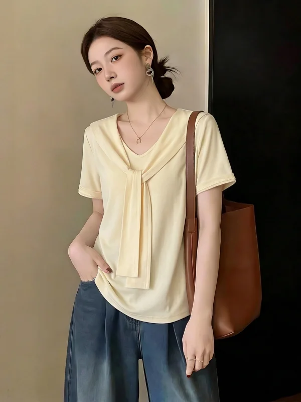 Summer New Style Women's T-shirt Naval Collar Bow Tie Short Sleeve V-neck Loose Fit Commute Fashion plus Size Younglooking Top